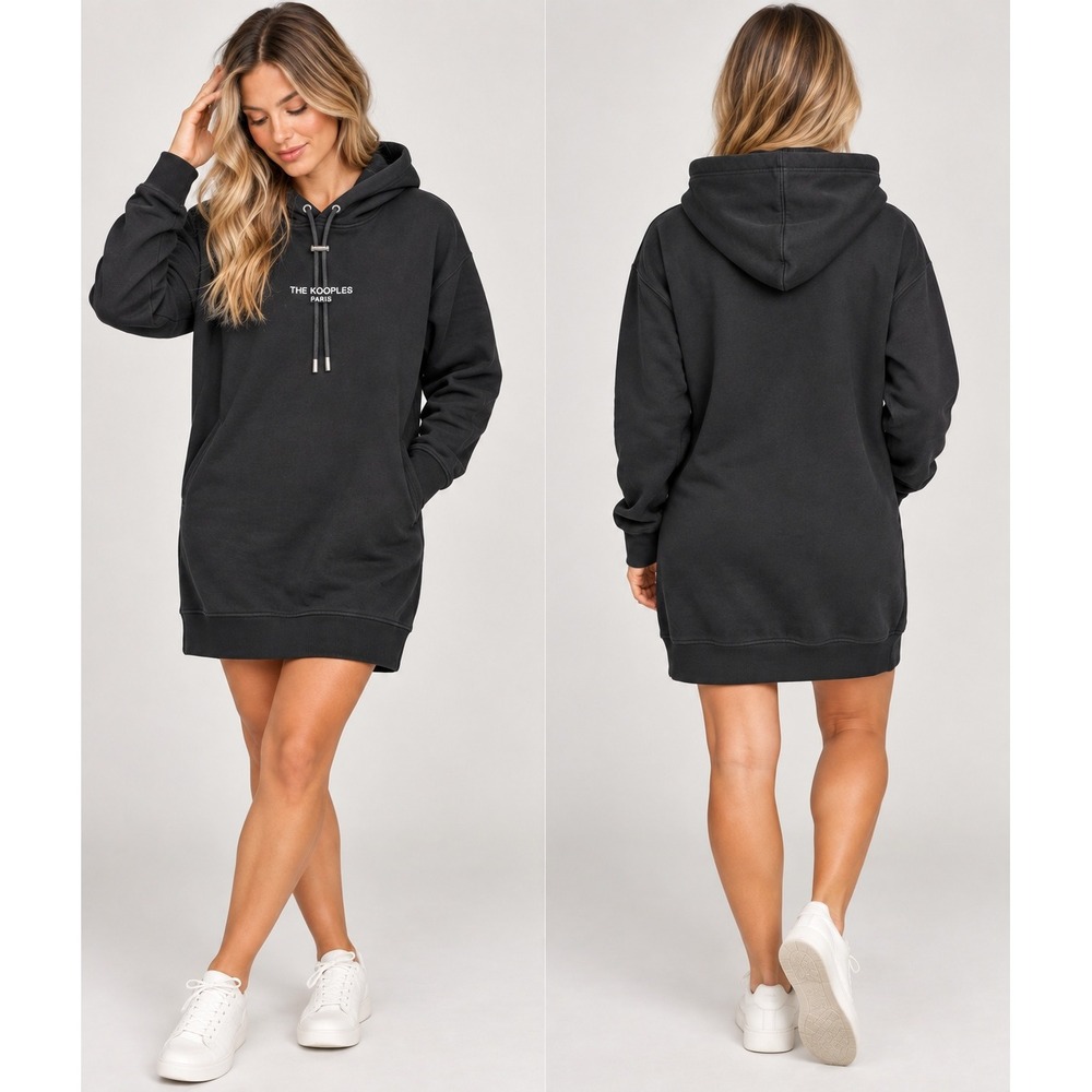 The Kooples Hoodie Womens 1 Black Logo Print Cotton Fleece Mini Dress